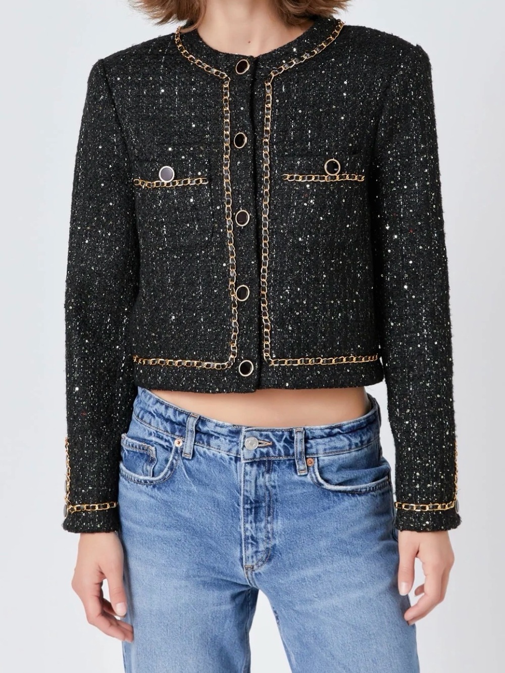 Endless Rose Black Tweed Cropped Jacket with Gold Chain Trim